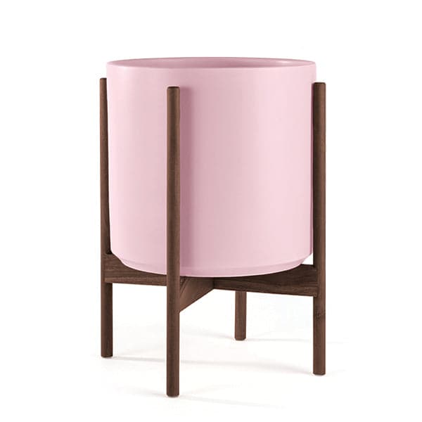 This 5 gallon, cylinder pot is a baby pink and sits within four spokes of a walnut wood plant stand, standing about 7 inches from the ground.