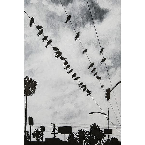 Original painting of San Diego black and white cityscape with birds on telephone wire, palm trees, and cloudy grey sky.