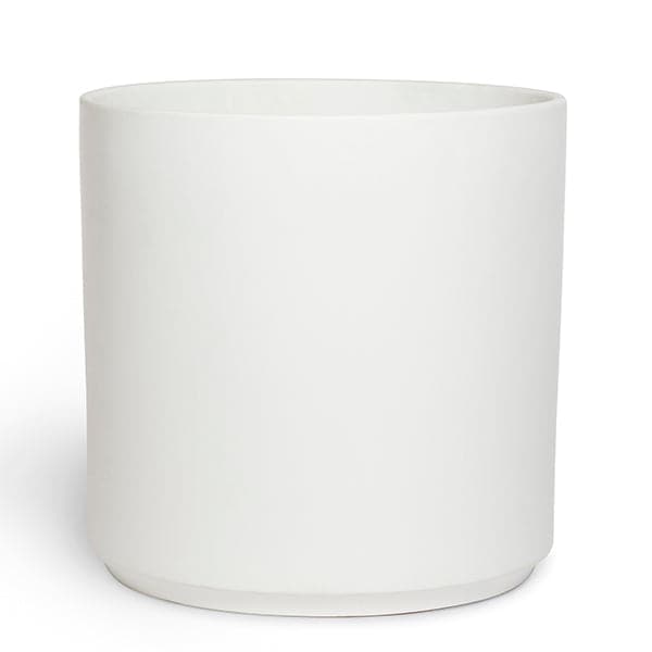 This cylinder ceramic pot is solid white and is large enough to house a 7 gallon nursery pot.