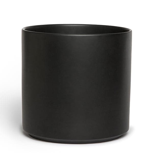 This 5 gallon ceramic pot has a classic cylinder shape and is solid black. 
