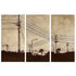 Three panel original painting of silhouetted cityscape with natural tan wash background.