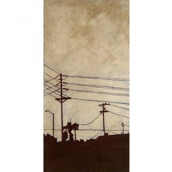 original painting of silhouetted cityscape with natural tan wash background.