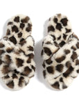Fuzzy leopard slippers with a crisscross detail.