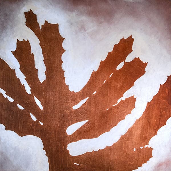 Original painting of a silhouetted bone cactus with barbed arms in brick colors and wood grain texture.