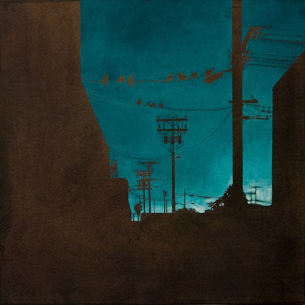 Original painting of cityscape alley way, telephone poles and birds sitting on wires, against an aqua blue wash ombre sky.