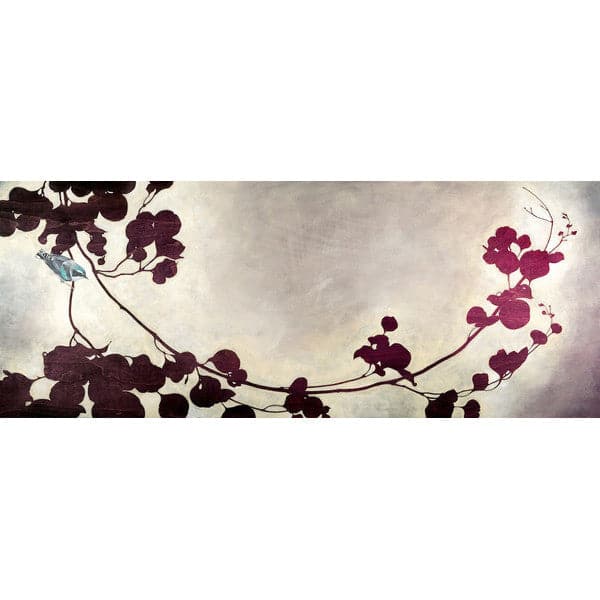 Original painting of a branch and leaves silhouette in Burgundy and fuchsia colors, with little blue bird on branch, and grey wash background.