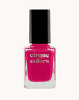 On a white background is a hot pink nail polish bottle with a black lid and silver text on the front that reads, "Cirque Colors".