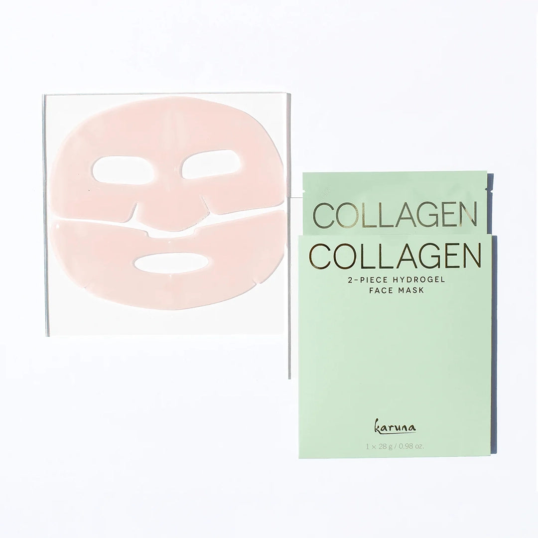 Green packaging that contains a single sheet mask soaked with a hydrating serum mask. The outside of the packaging reads, &quot;Collagen 2-piece hydrogel face mask&quot;.