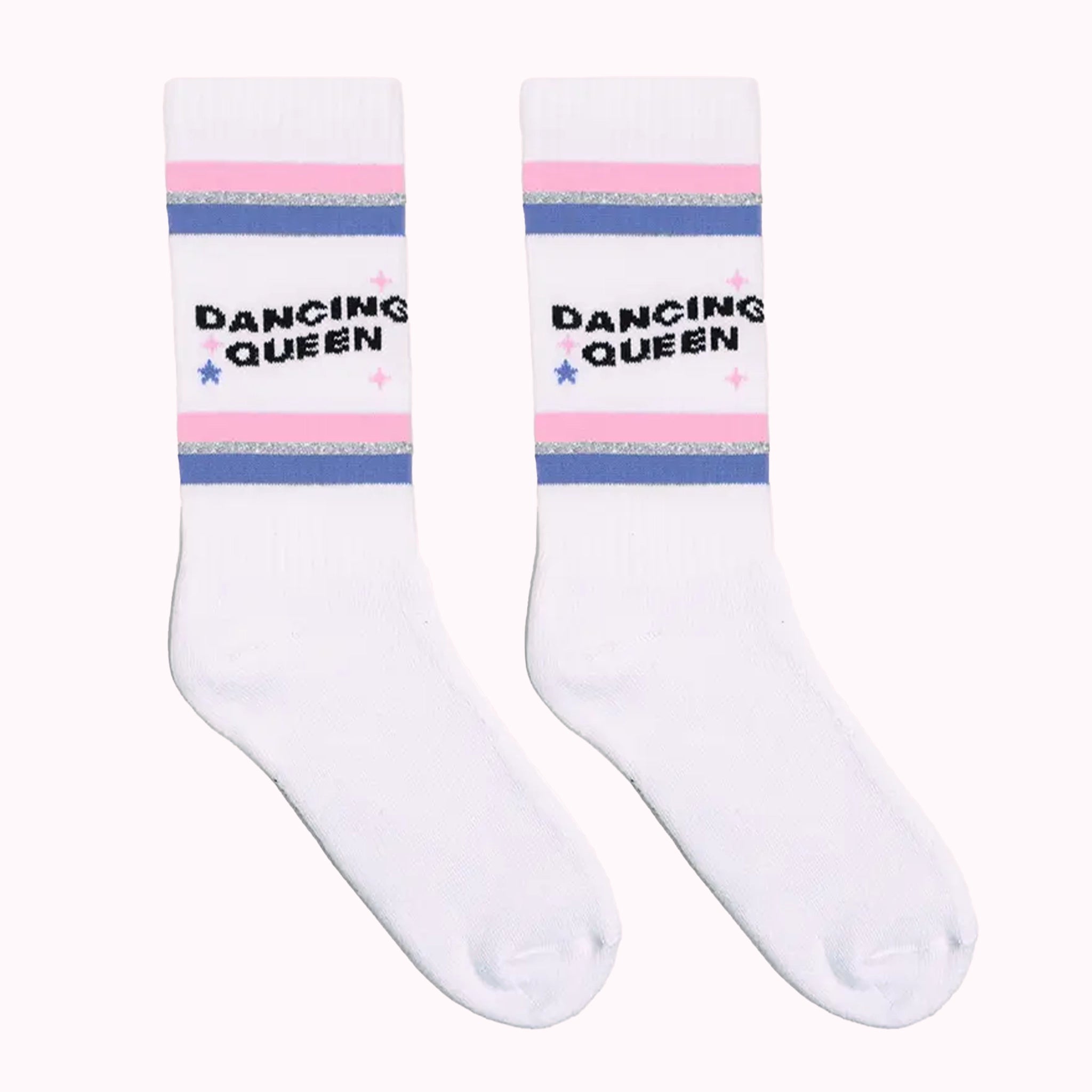 White crew socks photographed on a model with black text that reads, "Dancing Queen" along with a pink and purple stripe above and below.