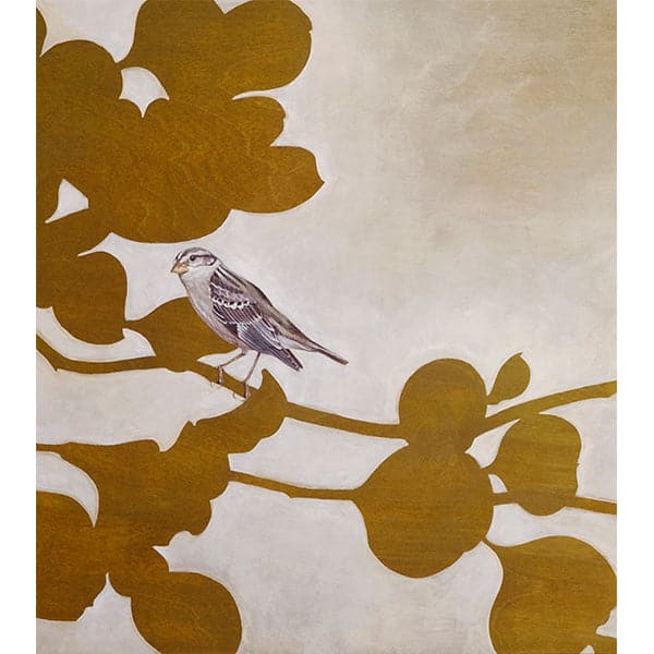 Up close of original painting of silhouetted gold ombre branches with leaves, with realistic grey bird sitting on branch.