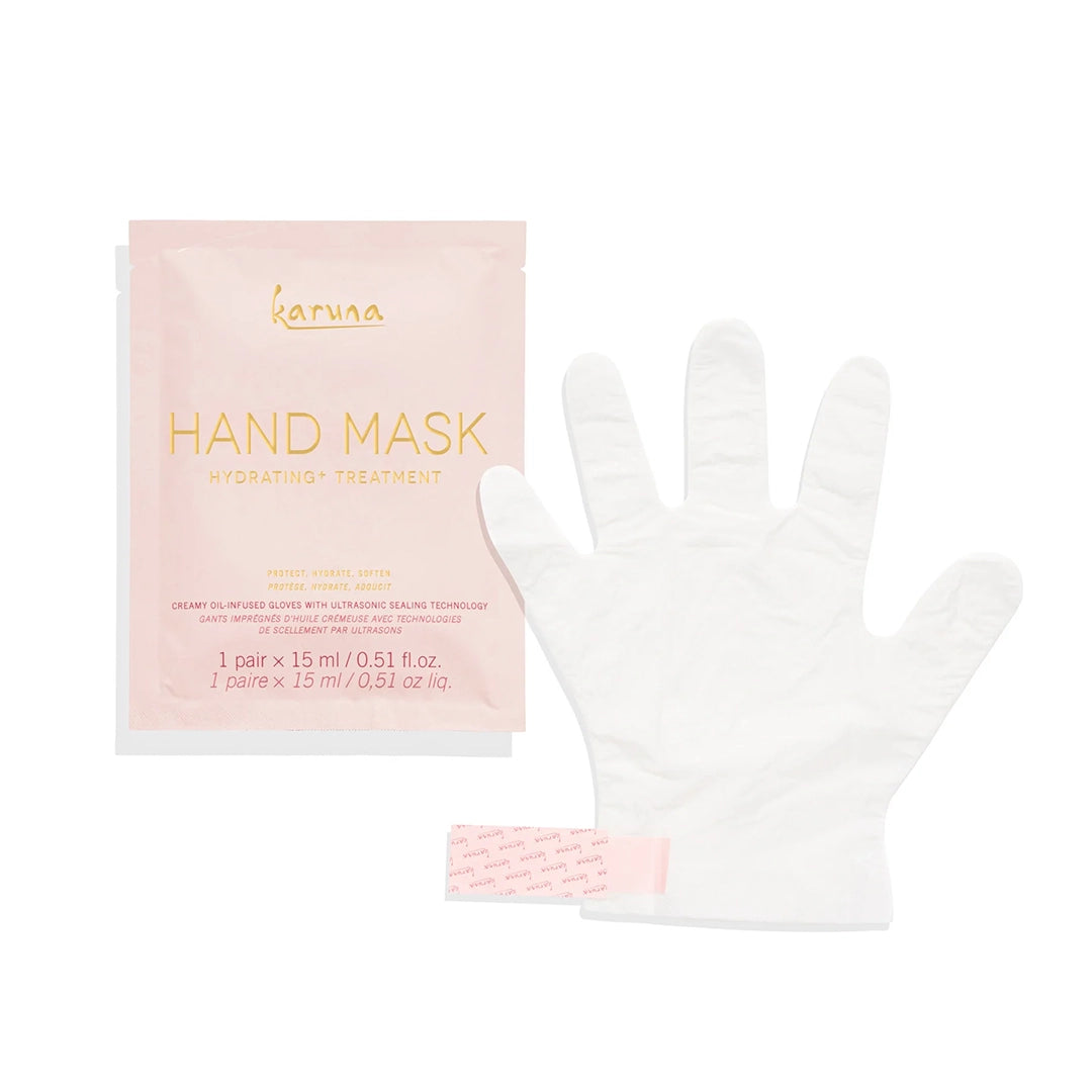 A pink packet that holds a pair of hand sheet masks infused with a hydrating serum along with a sealable wrist strap.