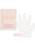 A pink packet that holds a pair of hand sheet masks infused with a hydrating serum along with a sealable wrist strap.