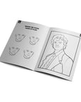 Another page inside the book that has an illustration of Harry Styles meant for coloring as well as an activity on the other side that says, "Draw me some harry styles" along with blank faces meant for drawing in facial hair, head hair, etc.