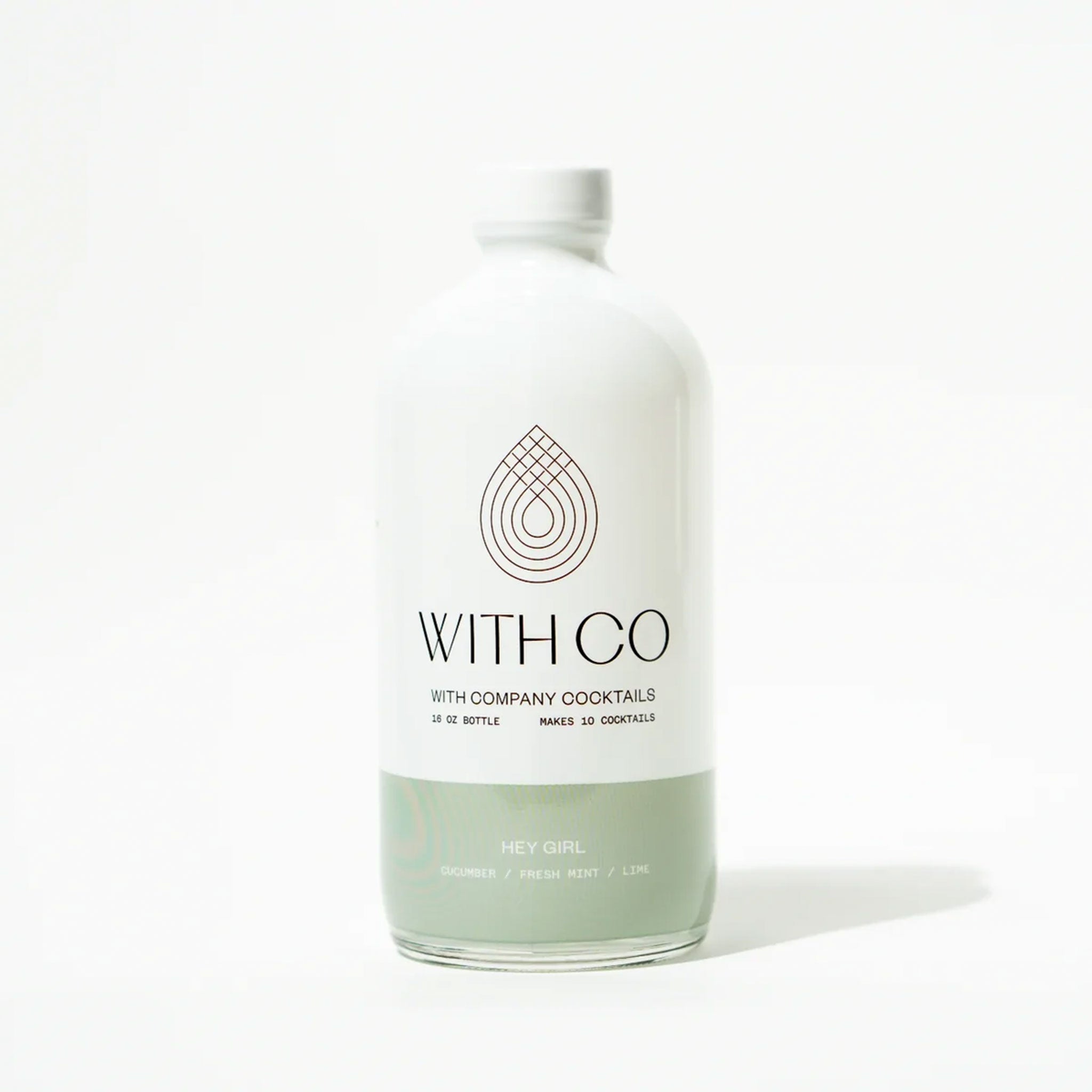 A white container with a sage green bottom half along with the brand "With Co" written in black text along with the name of the cocktail mix "Hey Girl" in white text on the green background.