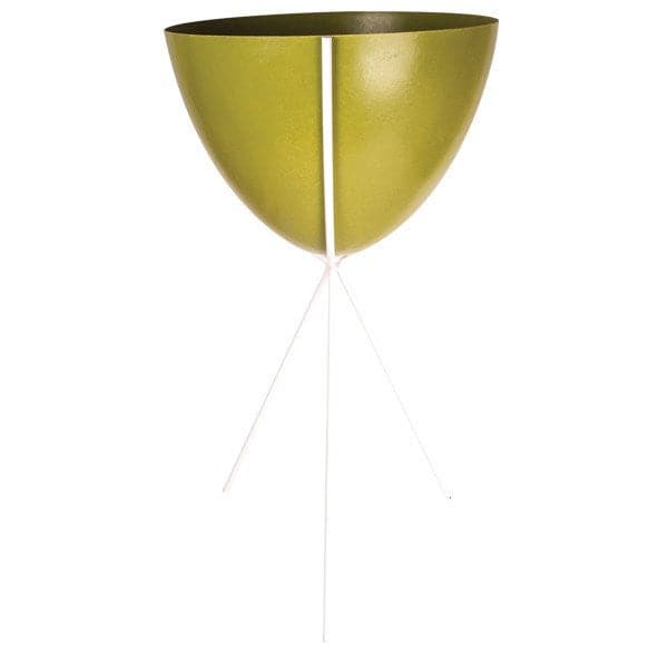 In front of a white background is an olive green colored bullet planter. The planter has a wide top and narrows at the bottom. The planter is held up by a white metal stand. The stand has three white metal legs.