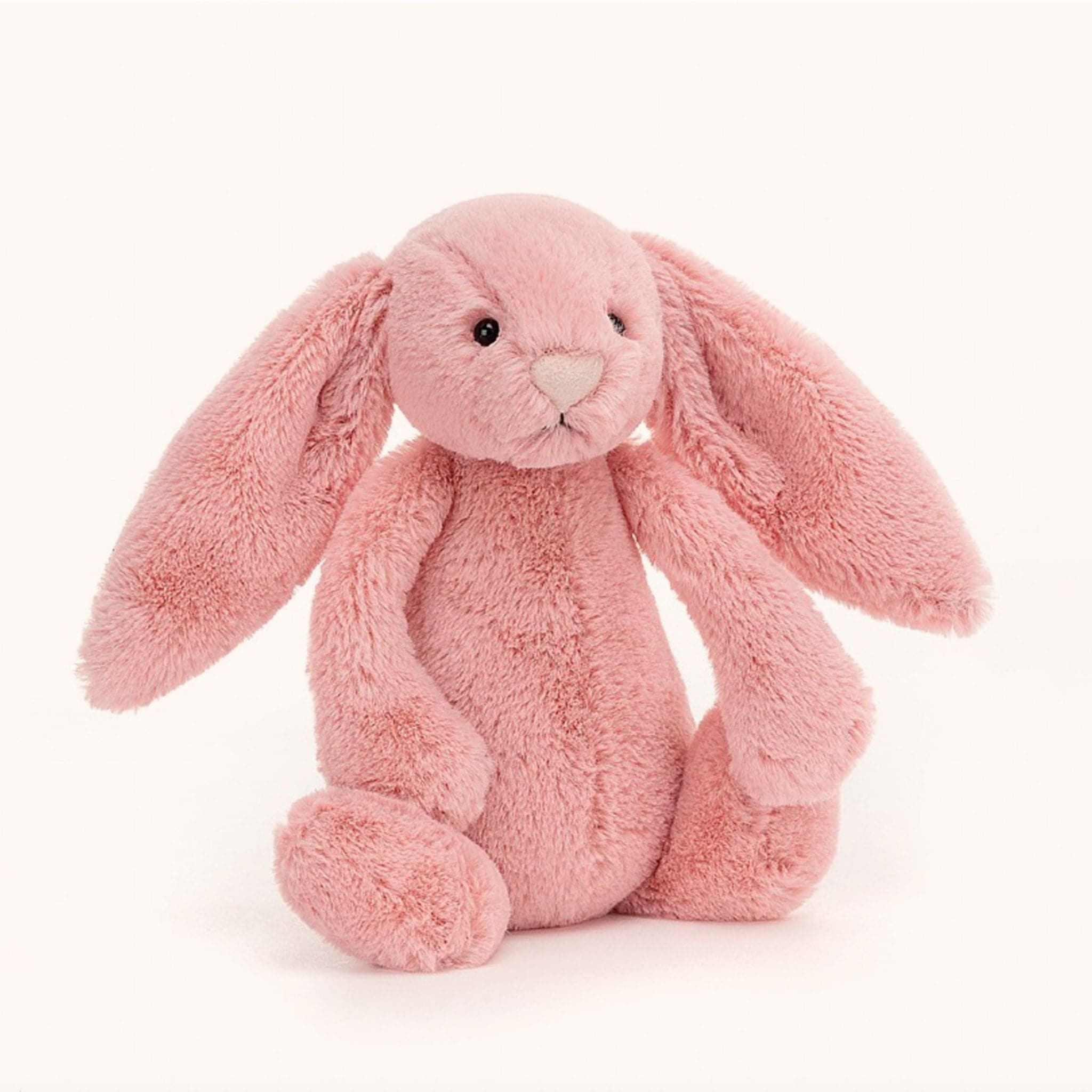 A fuzzy pink bunny stuffed animal with long floppy ears, a light pink nose and black eyes.