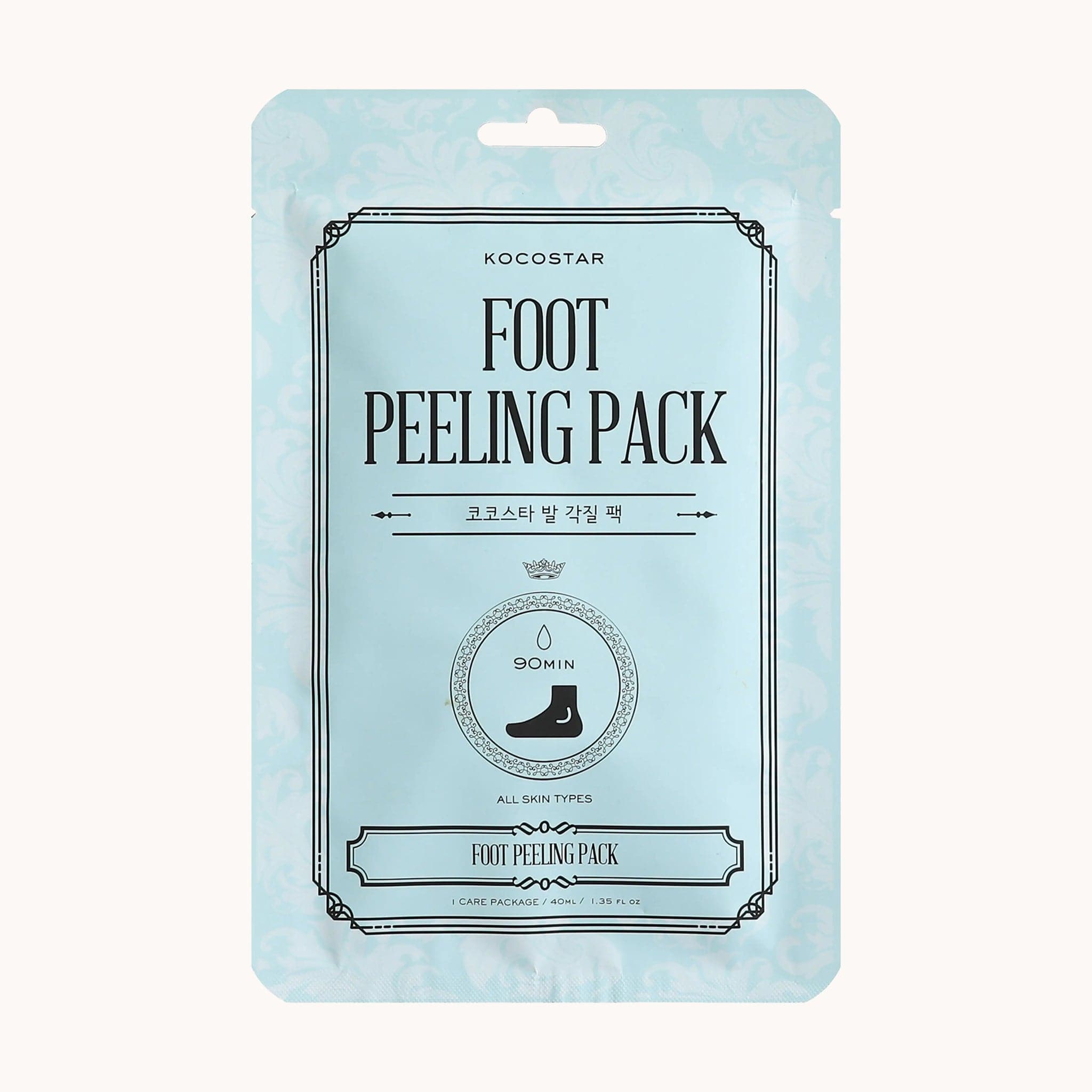 A light blue packet filled with a foot peeling mask that reads, &quot;Foot Peeling Pack&quot; in black letters. 