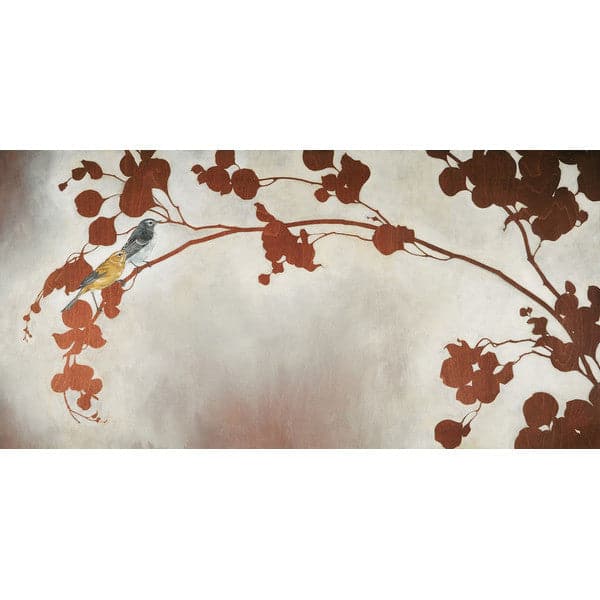 Original painting with silhouetted brick red and burgundy ombre branches and leaves, with two realistic birds sitting on the branch, one yellow and one grey, on a grey wash backdrop.