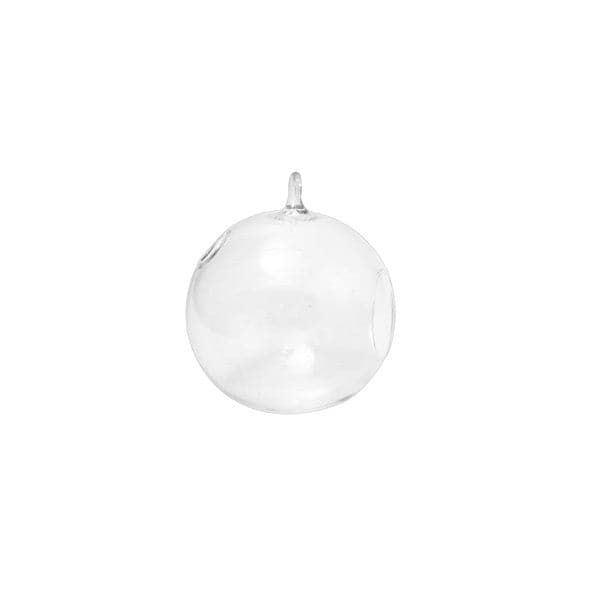 On a white background is a side view of the hanging glass orb with a hole in the front for planting access and a small glass loop at the top for hanging.