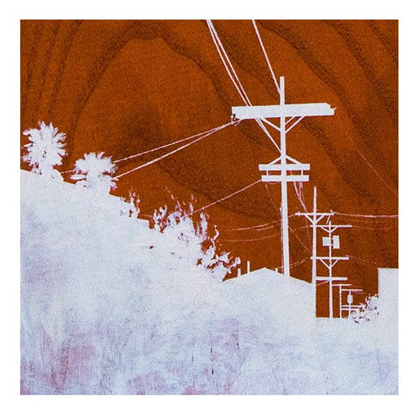 Original painting of white silhouetted cityscape with telephone poles, on wood grain back drop.