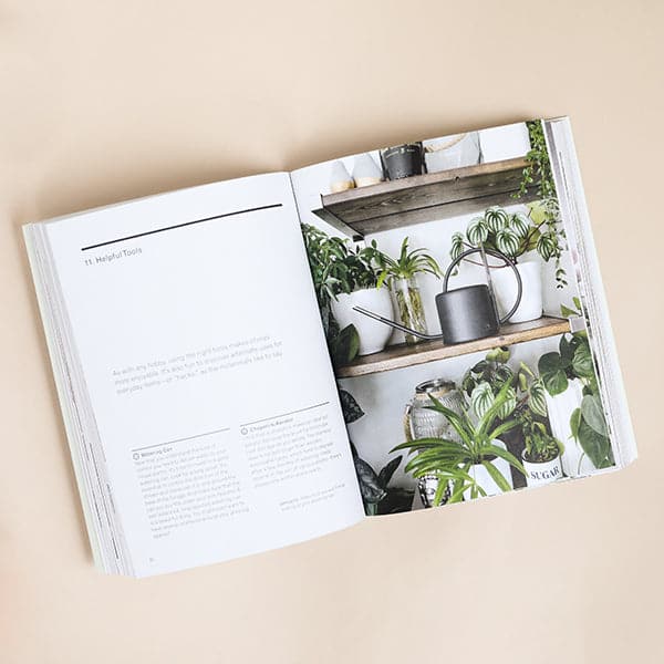 Two opened pages of the book. The left page is titled 'Helpful Tools' and includes a paragraph in simple font. The right page is filled with a shelf of assorted plants, pots and watering cans. 