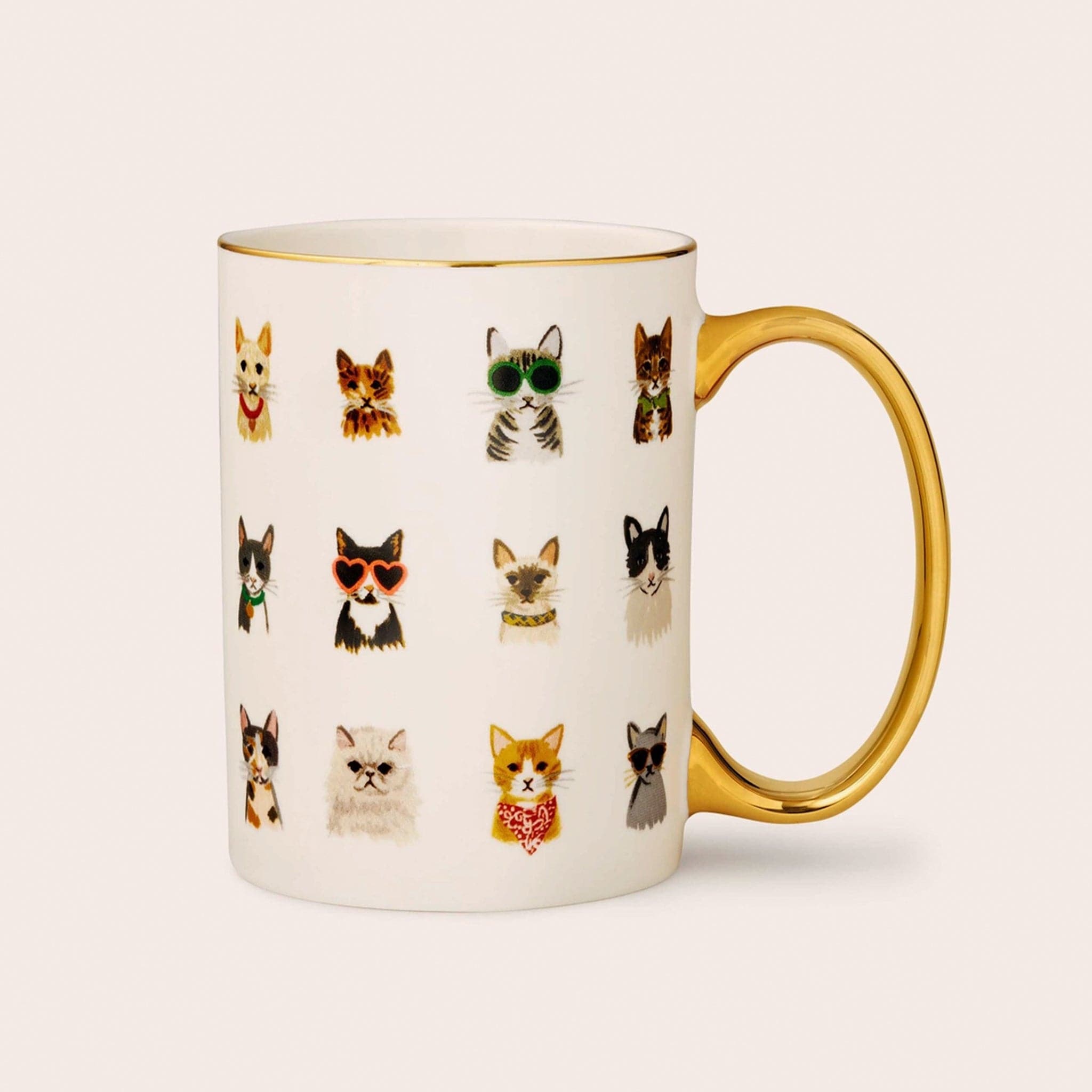 A luxurious porcelain mug featuring rows of different illustrated cats. Some cats are wearing cool sunglasses and patterned bandanas. This mug also has a gold handle and trim.