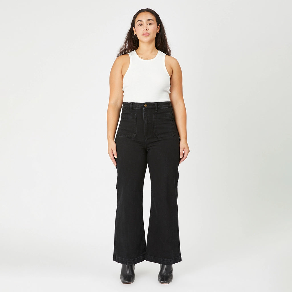 Black wide leg jeans with a high waist and two front pockets.