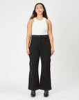 Black wide leg jeans with a high waist and two front pockets.