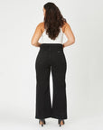 Black wide leg jeans with a high waist and two front pockets.