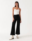 Black wide leg jeans with a high waist and two front pockets.