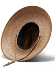 A darker brown straw sun hat with a wide curved brim and a drawstring.