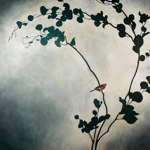 original painting of silhouetted black branches and leaves with realistic red and grey bird sitting on a branch and light and dark grey wash backdrop.