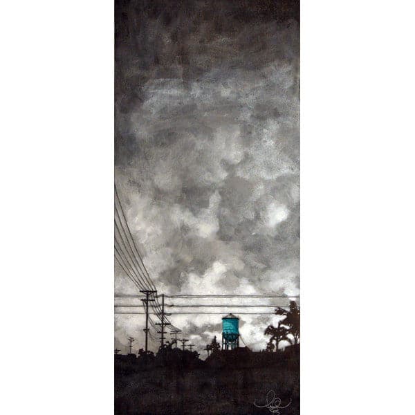 Original painting of a silhouetted black cityscape with cloudy dark grey sky, and blue water tower.