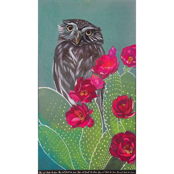Original painting of a grey owl perched light green cacti with yellow specked spines and fuschia desert roses, on a turquoise color background.