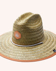 A wide brim sun set made of a neutral woven straw material with a white drawstring and tangerine orange detailing around the edge of the brim as well as the label in the center or the hat.