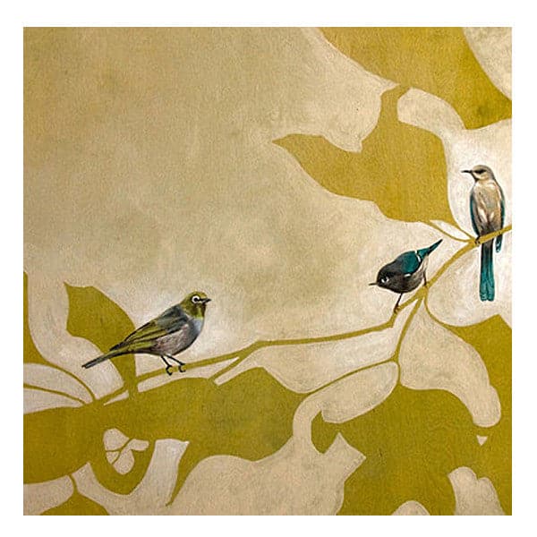 Detailed view of original silhouetted gold leaves and branches, with three realistic blue and yellow birds sitting on the branches, and pale gold-white wash backdrop.