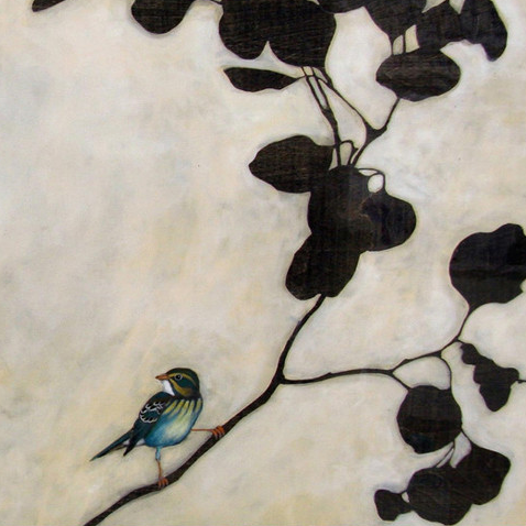 a painting showing a branch with black leaves and a small blue and black bird sits on the branch