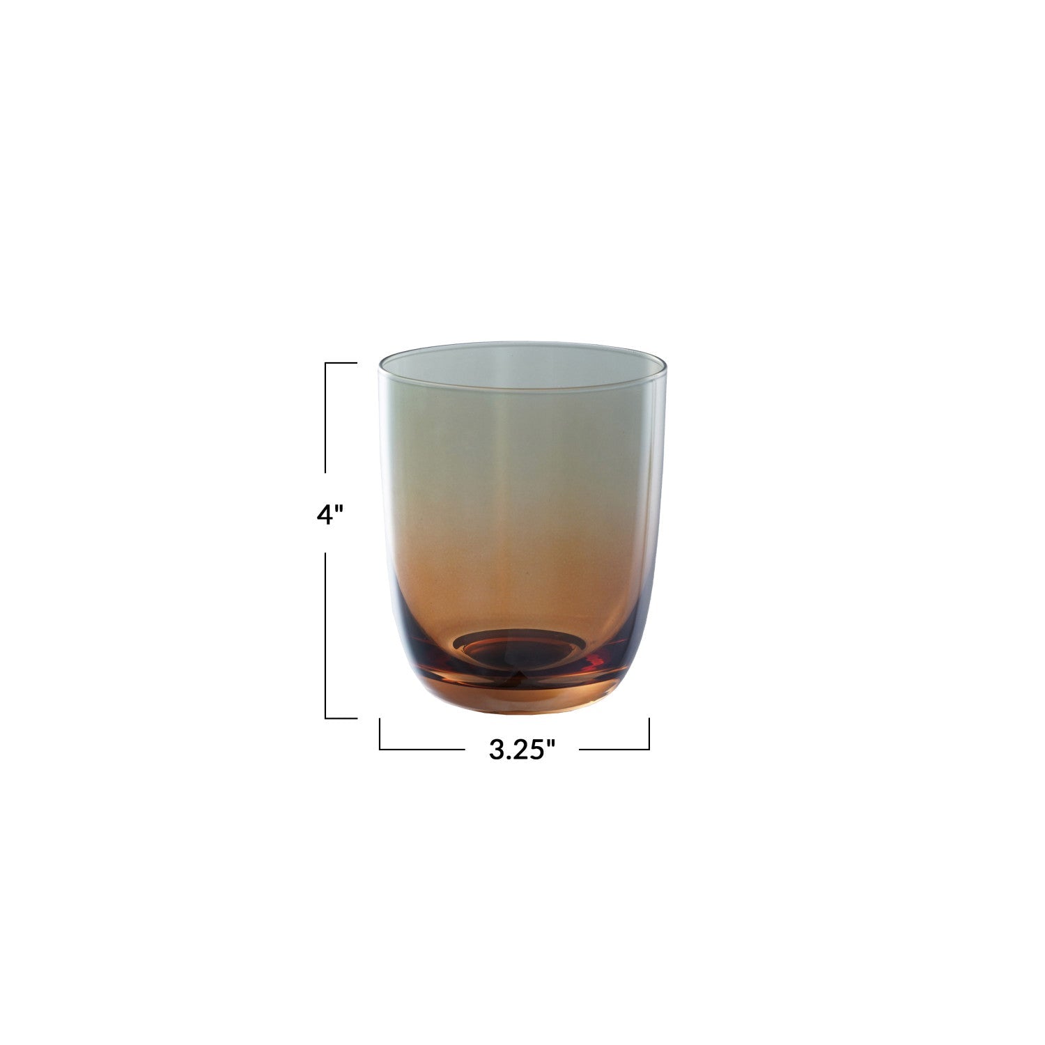 Iridescent drinking glass with amber base measuring 4 inches tall and 3.25 inches in diameter.