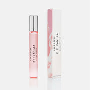 A pink glass bottle of travel spray with black text that reads, 'Lake & Skye 1111 Vanilla Eau De Parfum'. 