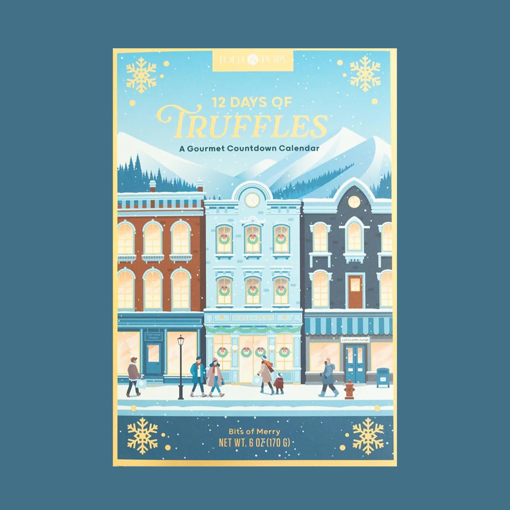 A blue box truffles with text that reads, "12 Days of Truffles A Gourmet Countdown Calendar". 