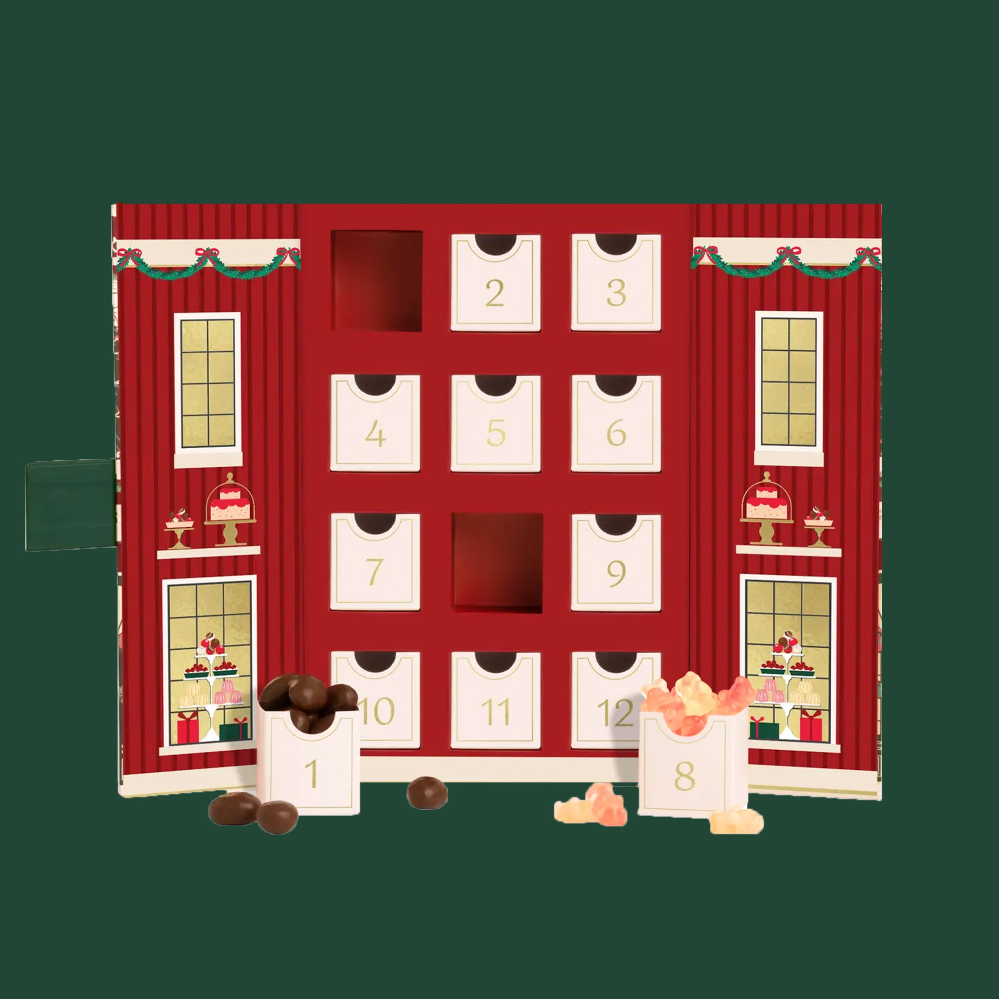 "sugarfina Sweet Shoppe A Candy Tasting Collection". A sweet shop shaped box filled with 12 small advent style boxes for opening filled with an assortment of Sugarfina Candies. 