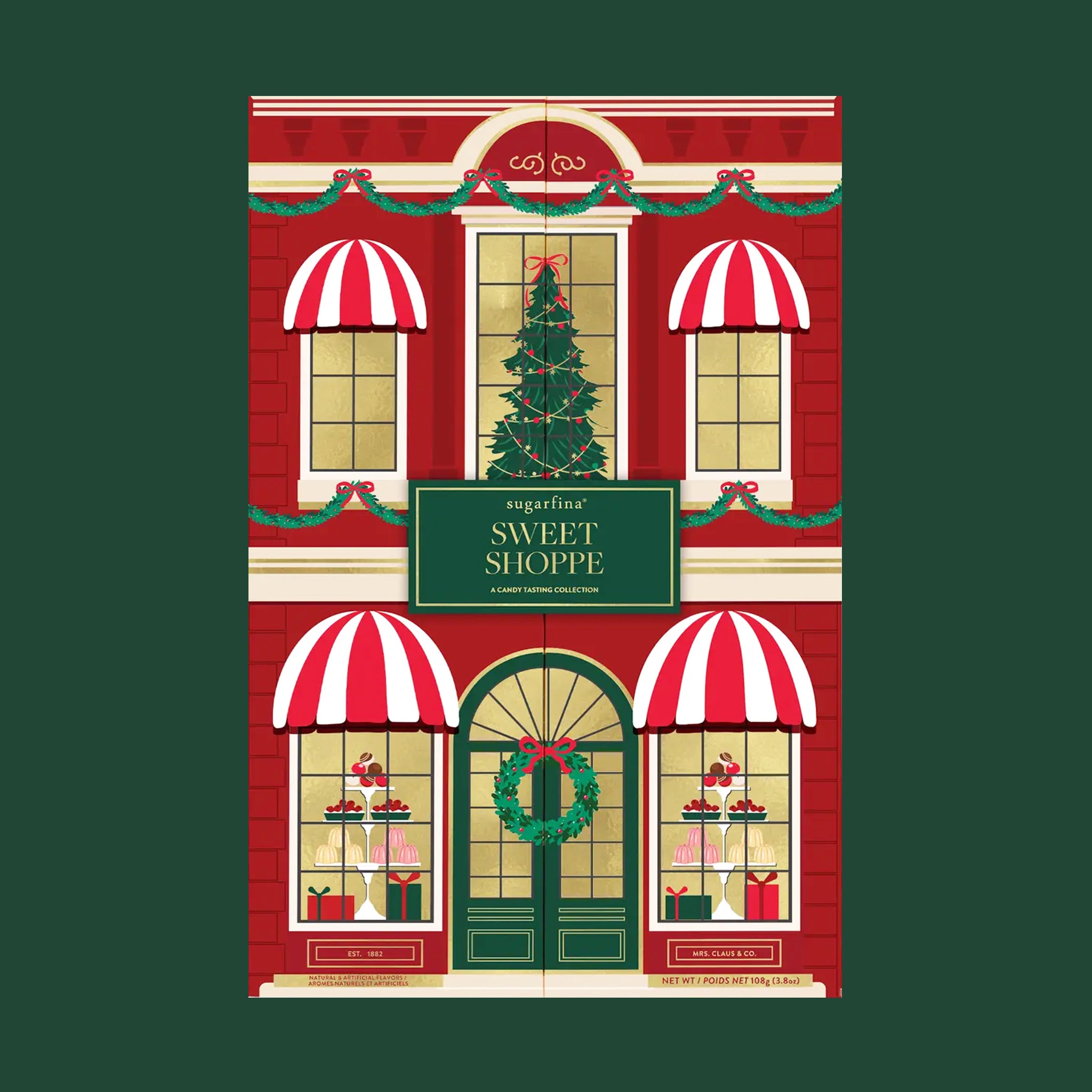 "sugarfina Sweet Shoppe A Candy Tasting Collection". A sweet shop shaped box filled with 12 small advent style boxes for opening filled with an assortment of Sugarfina Candies. 