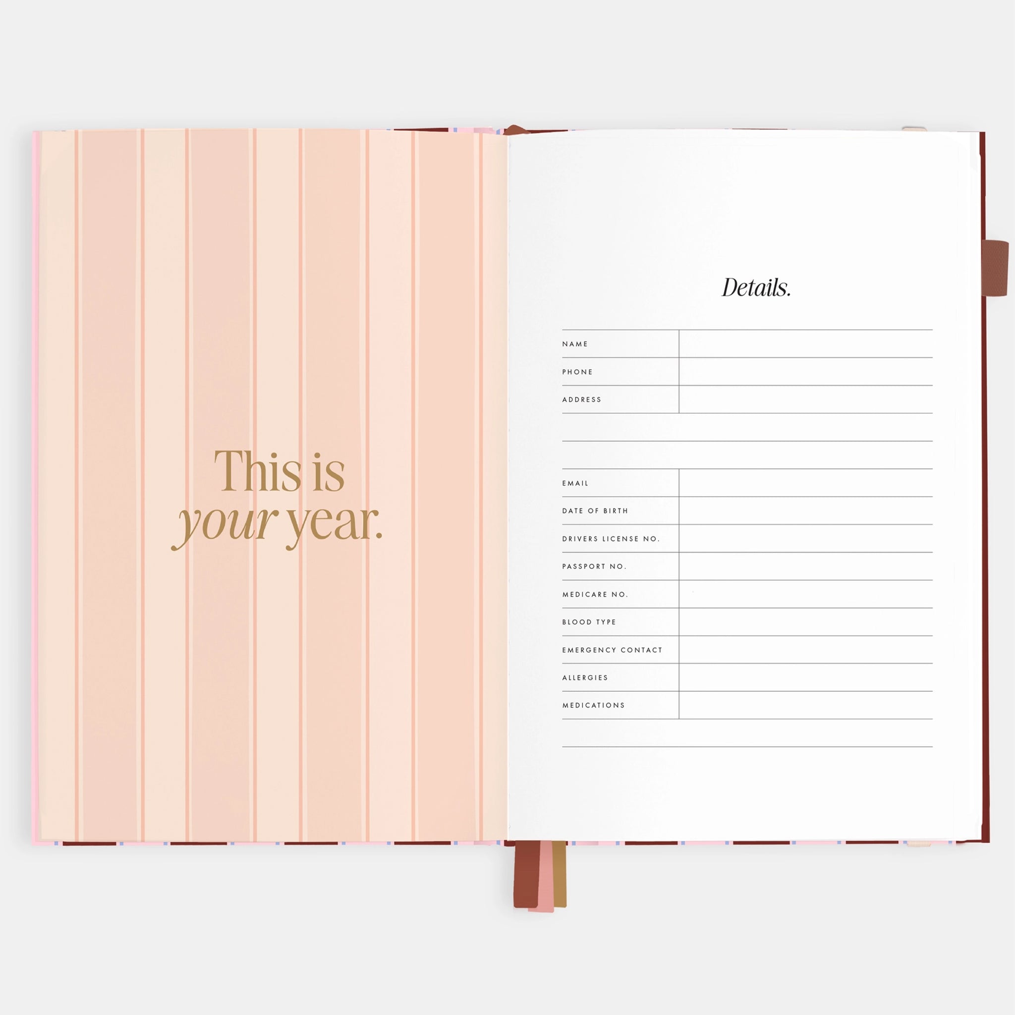 The interior of the planner that reads, 'This is your year', 'Details". 