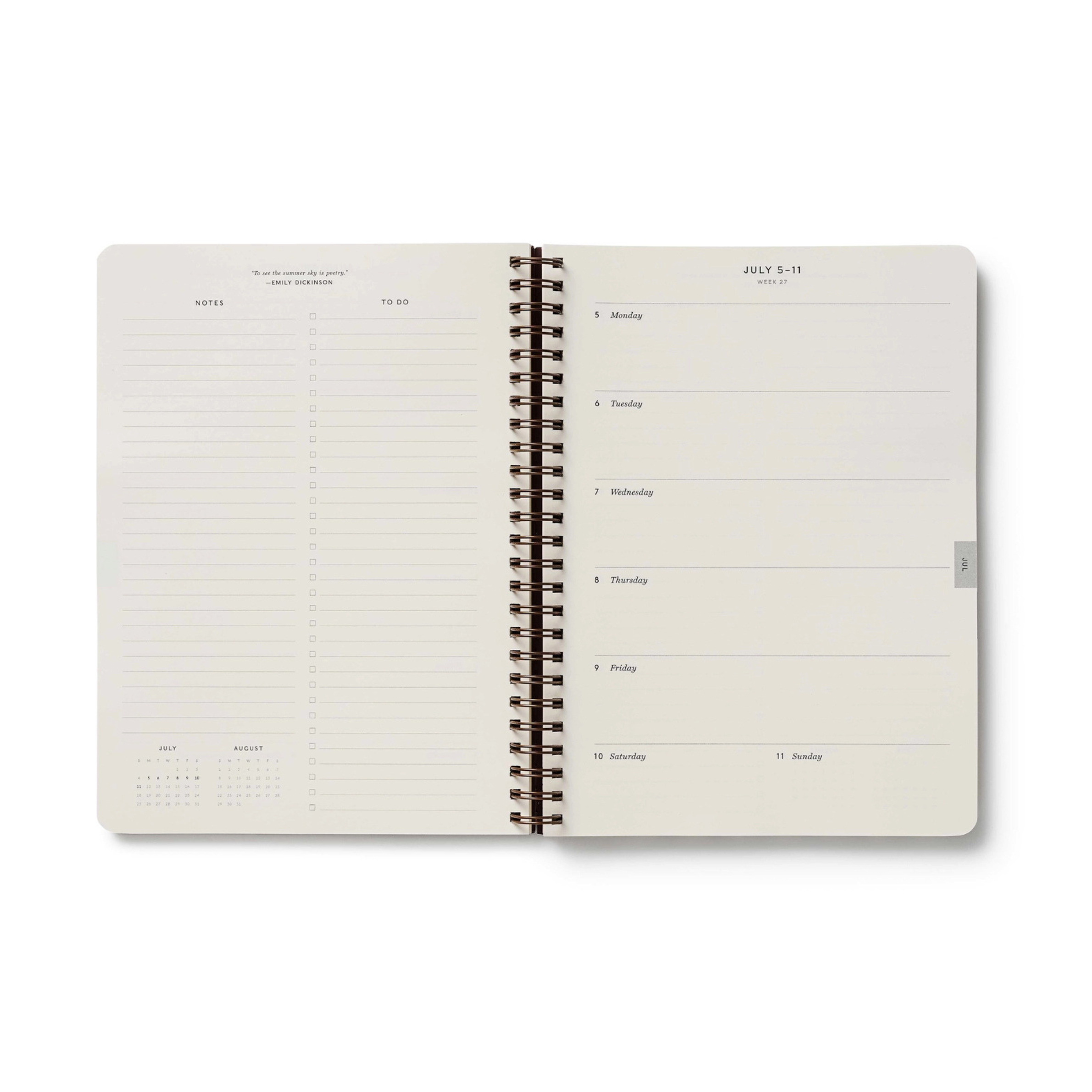 The inside of the spiral 12 month planner. 