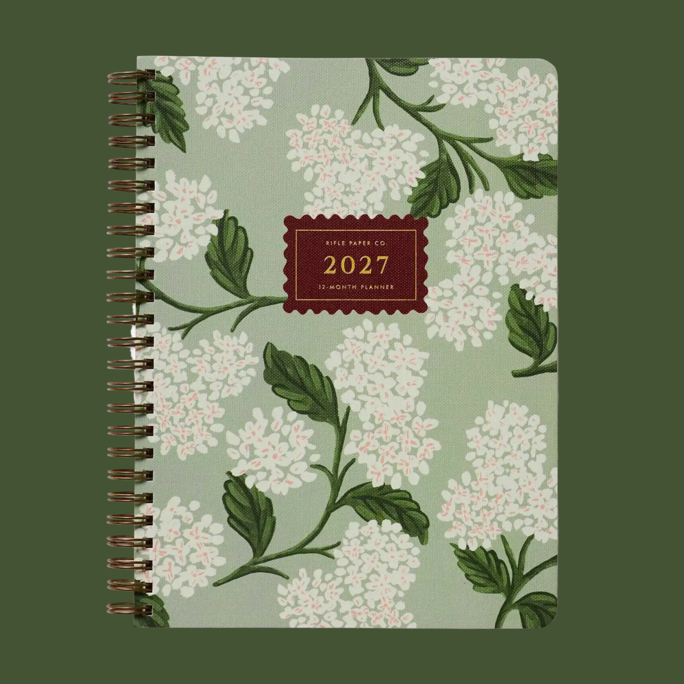 A 2027 12 month planner with a floral and leafy pattern. 