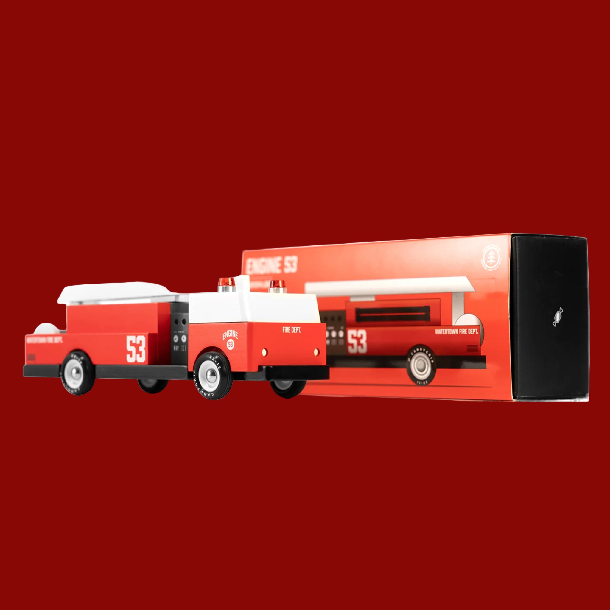 A red and white fire truck wooden toy. 