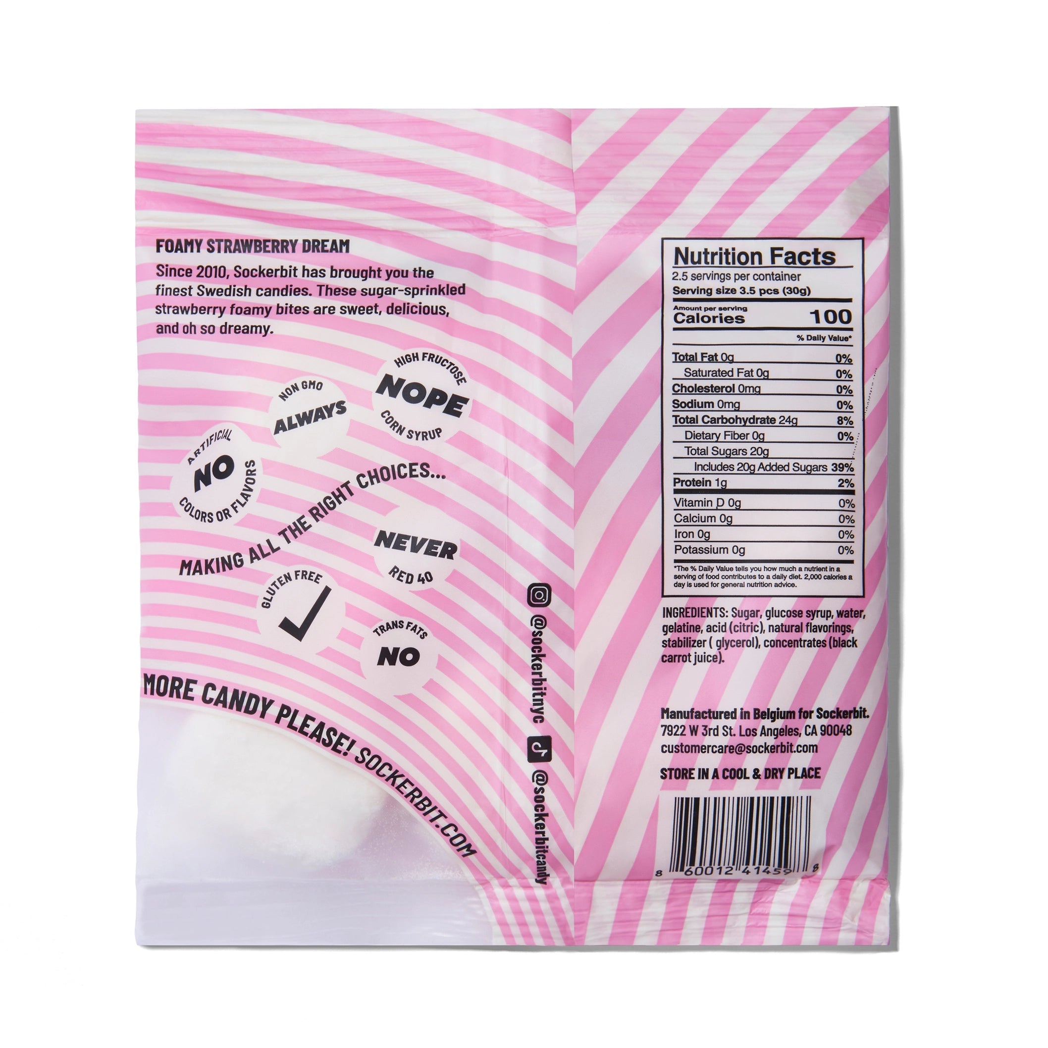 Back of Sockerbit Swedish Candy ‘Foamy Strawberry Dream’ bag with pink striped design, nutrition facts panel, ingredients list, and product information.