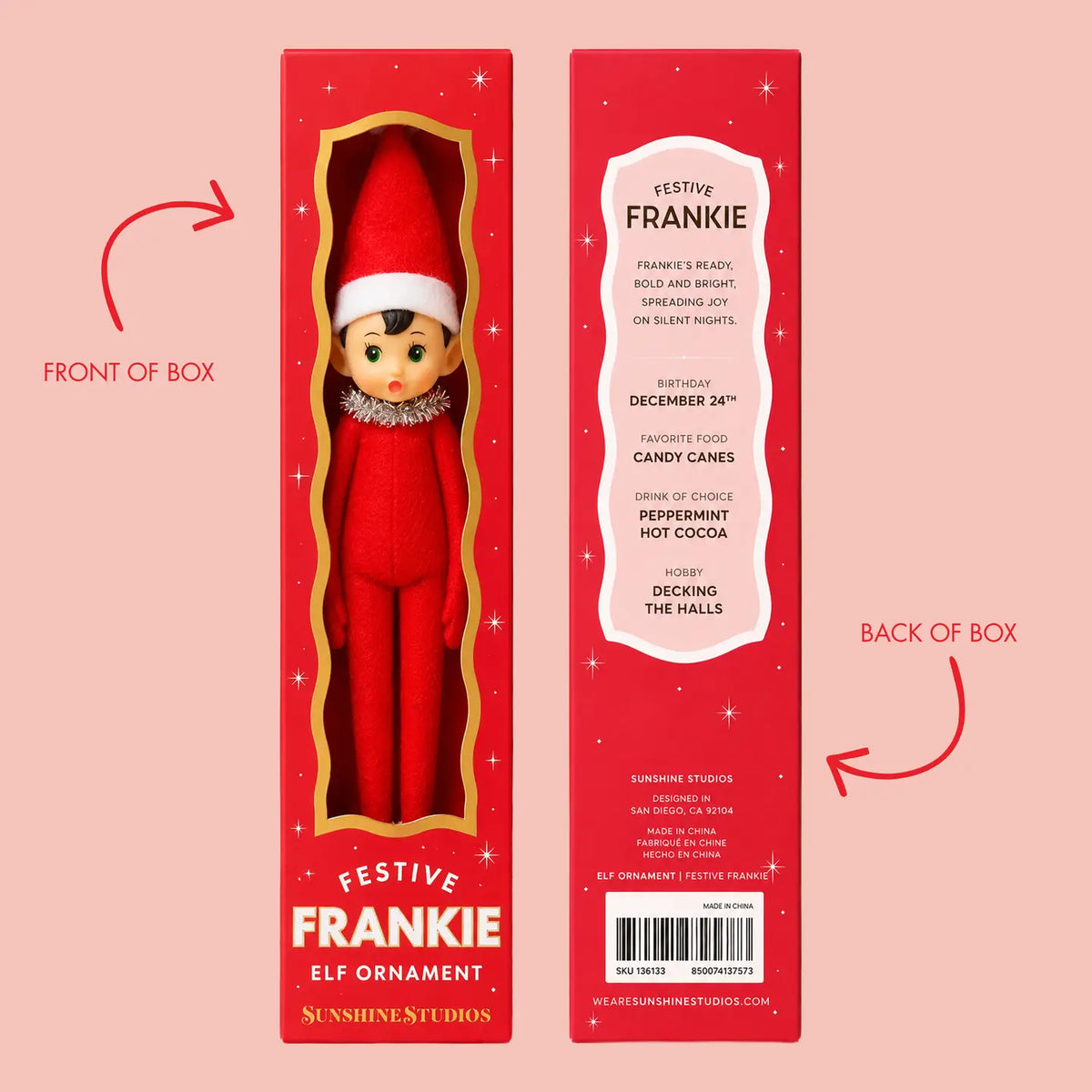 Front and back views of a red Christmas elf ornament box labeled 'Festive Frankie' on a pale pink background, with arrows and text indicating front and back of the box.