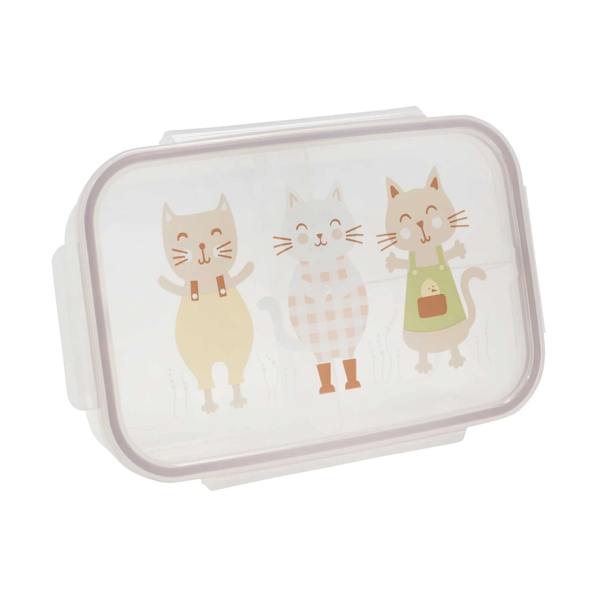 On a white background is a clear plastic bento box with three kitty graphics on the lid filled here with a lunch.