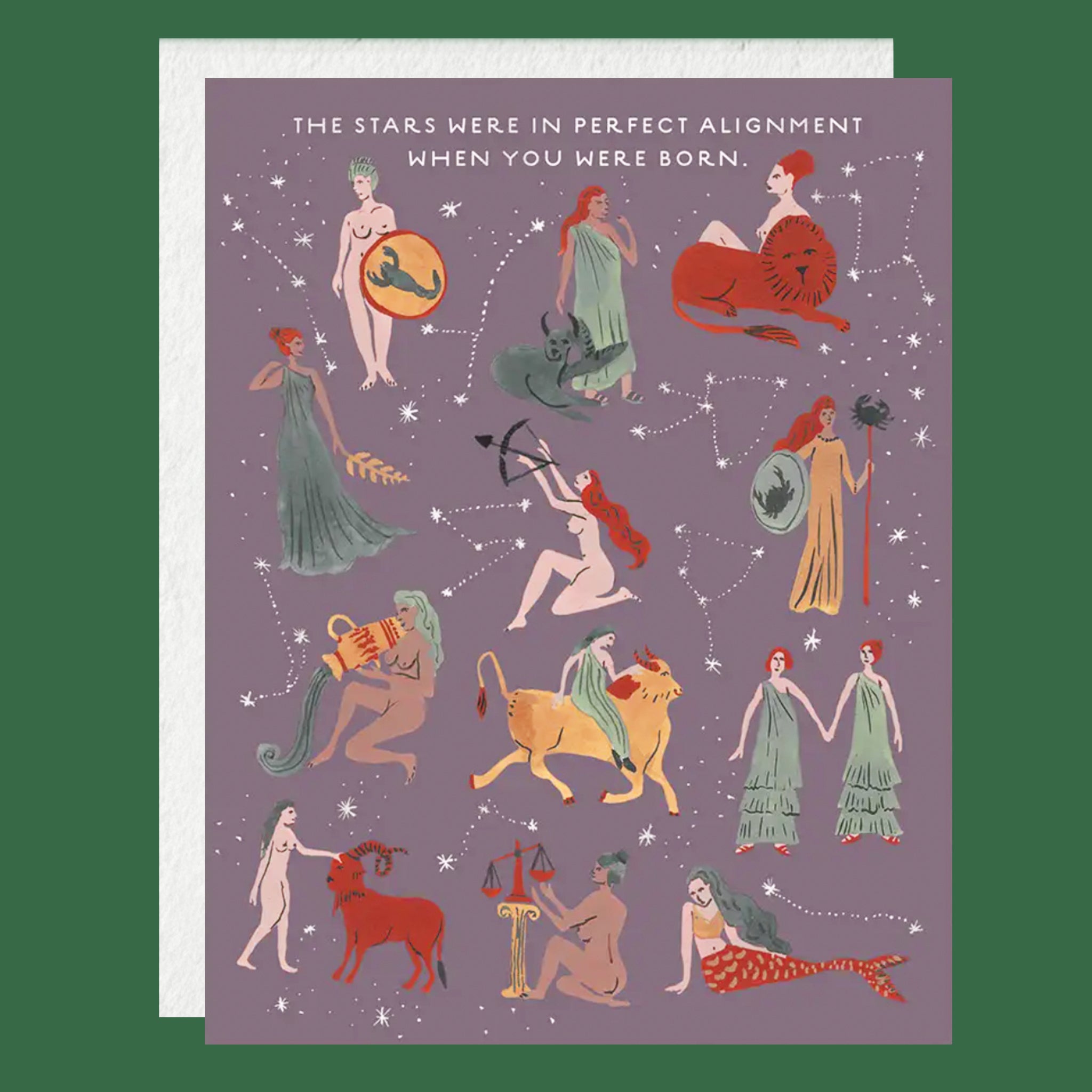 A zodiac-themed art print or card featuring illustrated figures representing the twelve astrological signs on a muted purple background with white stars. The print is shown slightly offset over a white envelope against a solid dark green backdrop.